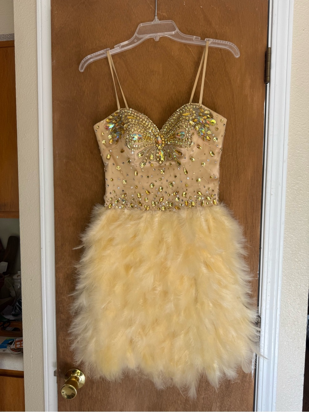 Dave & Johnny Yellow Beaded Feather Cocktail Dress